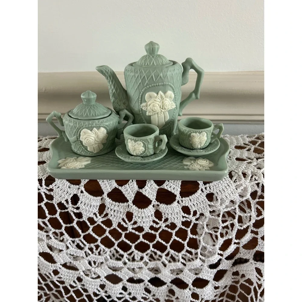 Miniature Sage Green Jasperware Style Tea Set Floral Bas-Relief 9pc Collection